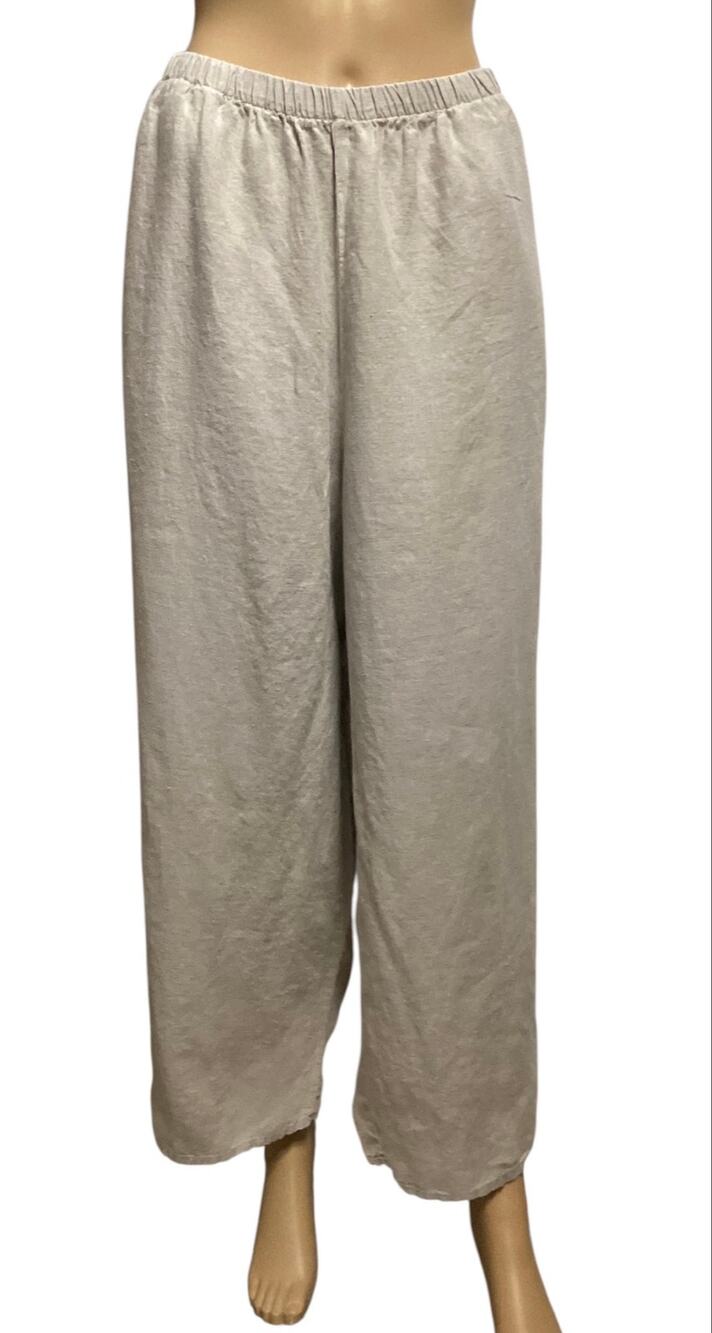 FLAX Linen Floods Pants Wide Leg Cropped Elastic Waist Natural Beige Oatmeal L
